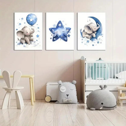 3pcs Blue Elephant Moon & Stars Cute Animal Metal Print Ready to Hang Art