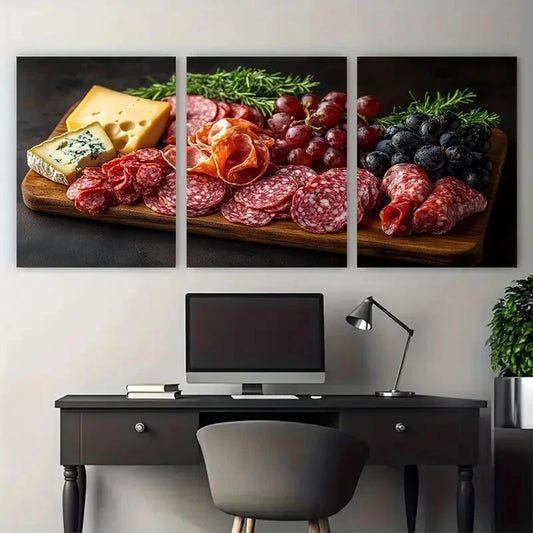 3pcs Italian Charcuterie Cheese and Meat Dining Metal Print Ready to Hang Art