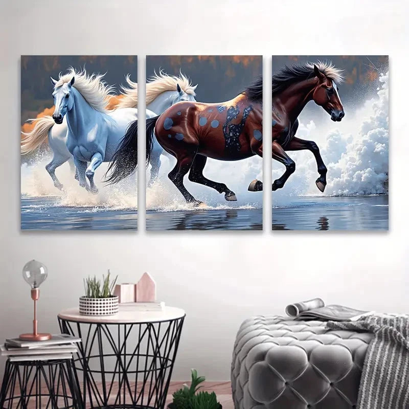 3pcs Galloping Horses Scene Wall Art Set Canvas Framed 50x70cm - High Quality Print 100% Australian Made Wall Canvas Ready to Hang