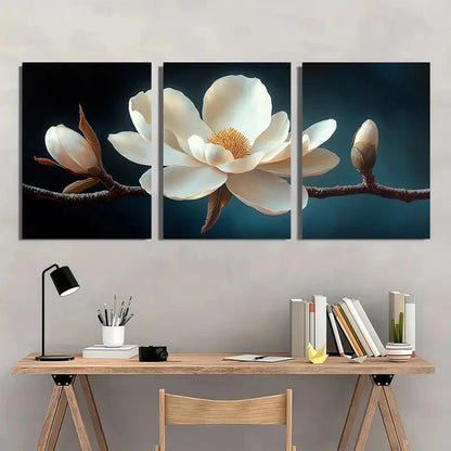 3pcs Elegant White Magnolia Flower Serene Floral Metal Print Ready to Hang Art