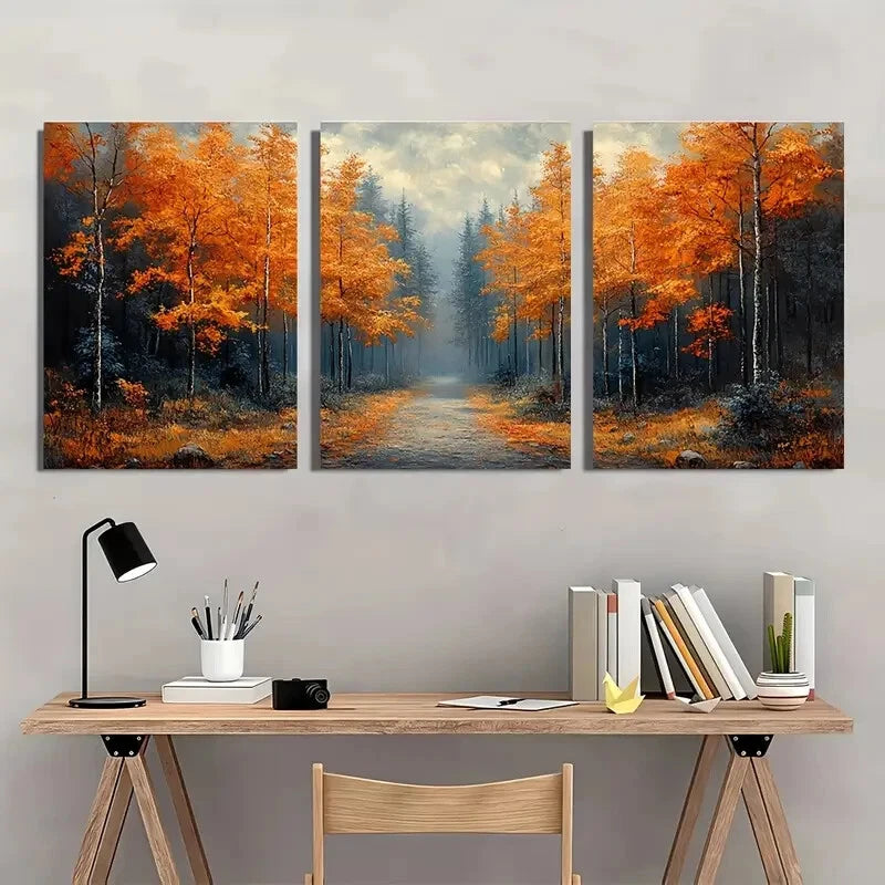 3pcs Abstract Autumn Forest Landscape Path Prints Metal Print Ready to Hang Art