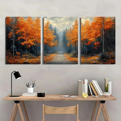 3pcs Abstract Autumn Forest Landscape Path Prints Metal Print Ready to Hang Art