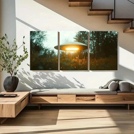 3pcs Ufos In The Mountains And Forests Wall Art Set Canvas Framed 40x60cm - High Quality Print 100% Australian Made Wall Canvas Ready to Hang