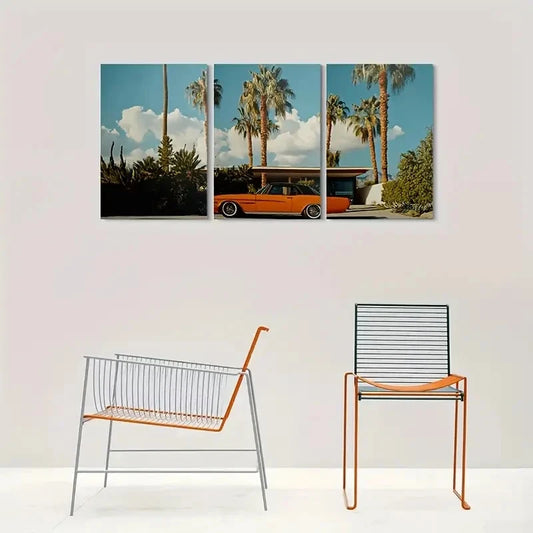3pcs Vintage Car and Palm Trees Metal Print Ready to Hang Art