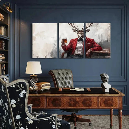 3pcs Elegant Deer in Red Suit Fantasy Animal Metal Print Ready to Hang Art