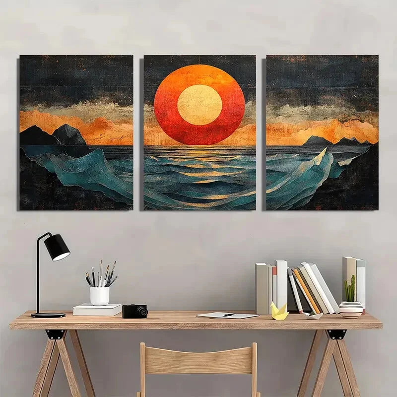 3pcs Abstract Ocean Vibrant Sunset & Wave Design Metal Print Ready to Hang Art