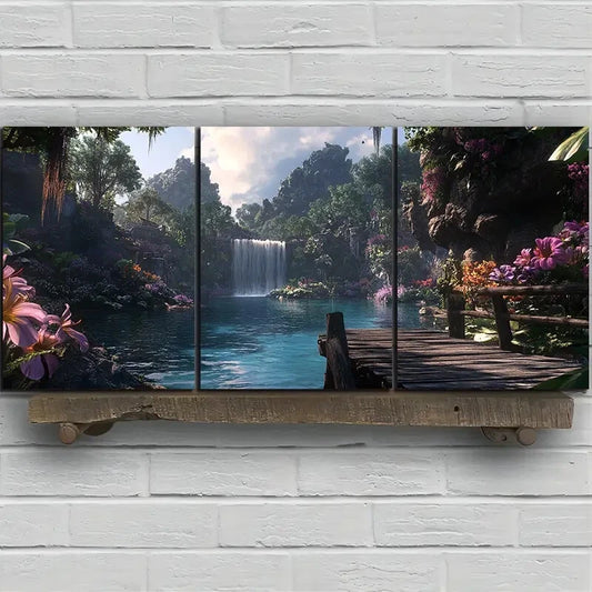 3pcs Waterfalls and Wooden Bridges Metal Print Ready to Hang Art