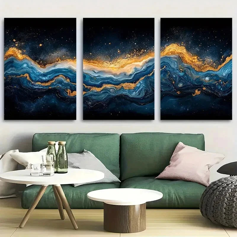 3pcs Celestial Golden and Black Swirling Cosmic Metal Print Ready to Hang Art