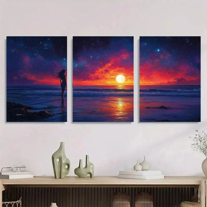 3pcs Romantic Moonlit Ocean Scene Beach Sunset Metal Print Ready to Hang Art