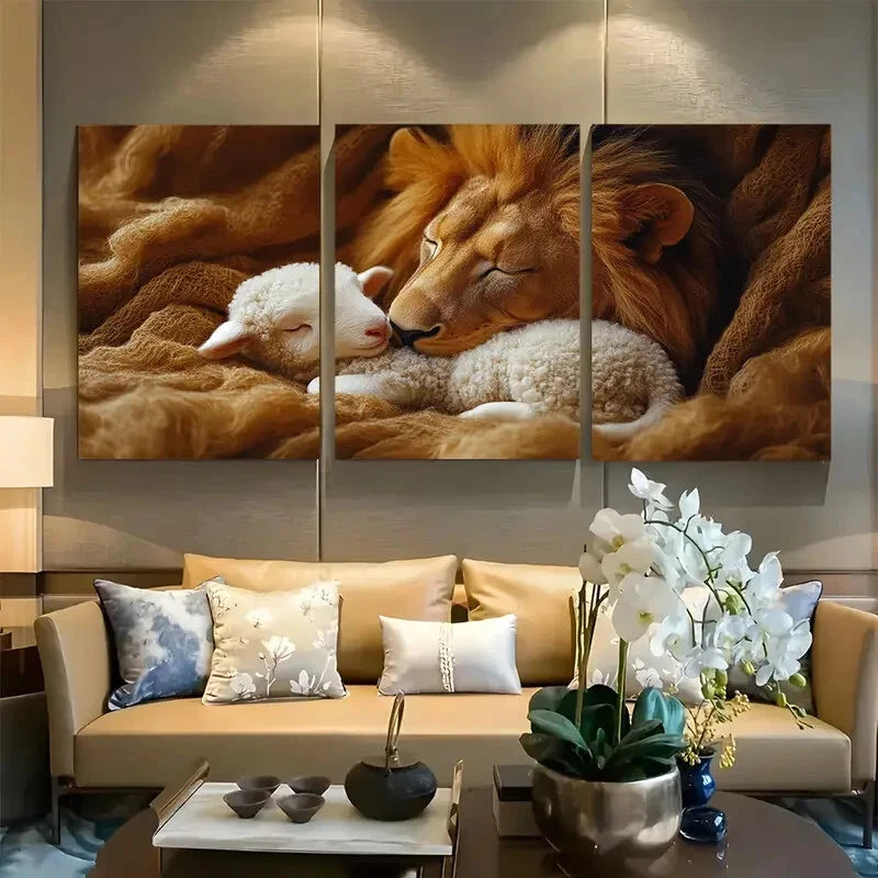 3pcs Lion and Lamb with Warm Tones Metal Print Ready to Hang Art