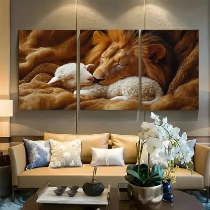 3pcs Lion and Lamb with Warm Tones Metal Print Ready to Hang Art
