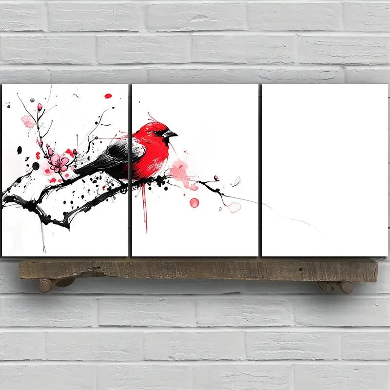 3pcs Birds on Plum Blossom Branches Metal Print Ready to Hang Art