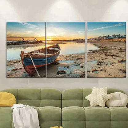 3pcs Featuring Serene Beach Scene with Boat Metal Print Ready to Hang Art