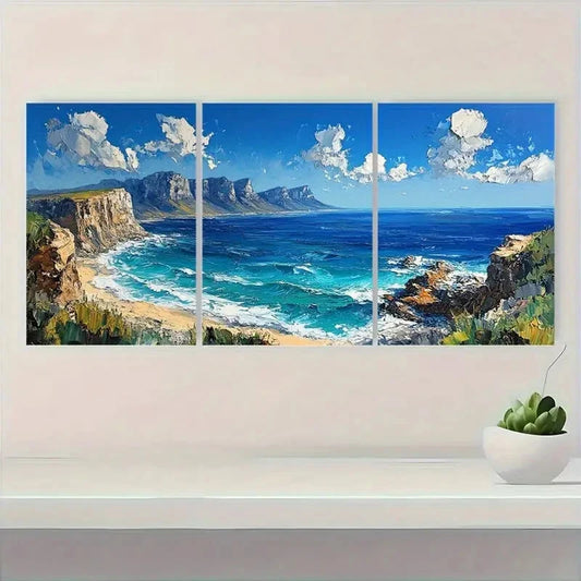 3pcs Featuring Table Mountain & Beach Landscape Metal Print Ready to Hang Art
