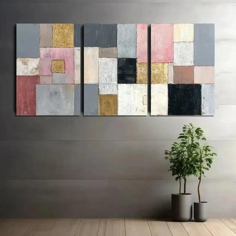3pcs Abstract Geometric Grey Pink Golden & Black Metal Print Ready to Hang Art
