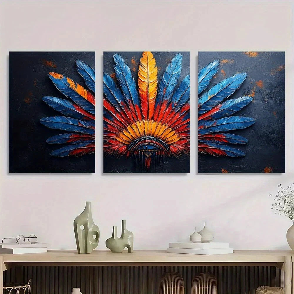 3pcs Headdress Made of Feathers Metal Print Ready to Hang Art