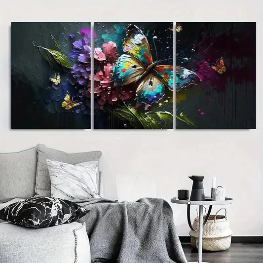 3pcs Vibrant Colorful Butterfly and Flower Metal Print Ready to Hang Art