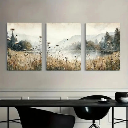 3pcs Watercolor Landscape with Tall Grass Scene Metal Print Ready to Hang Art