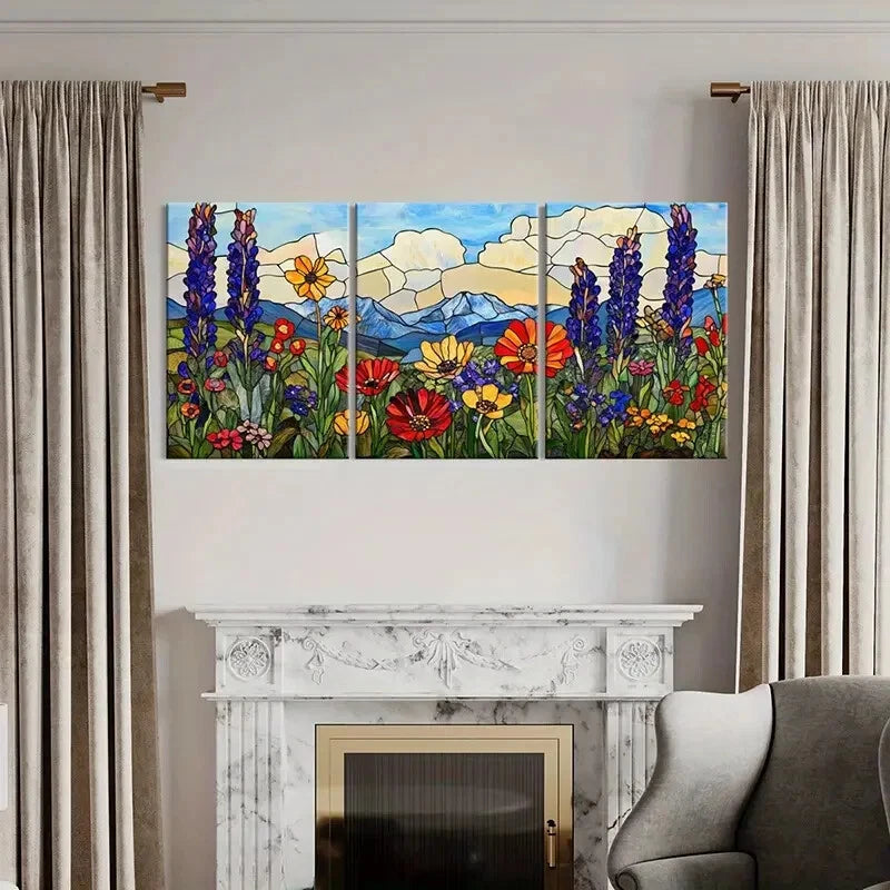3pcs Stained Glass Wildflowers Mountain Landscape Metal Print Ready to Hang Art