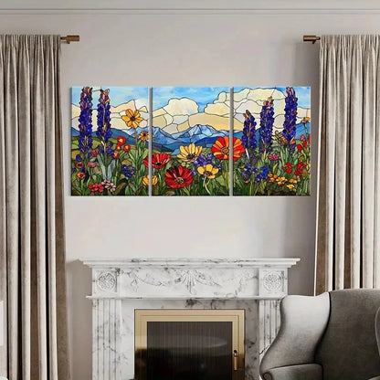 3pcs Stained Glass Wildflowers Mountain Landscape Metal Print Ready to Hang Art