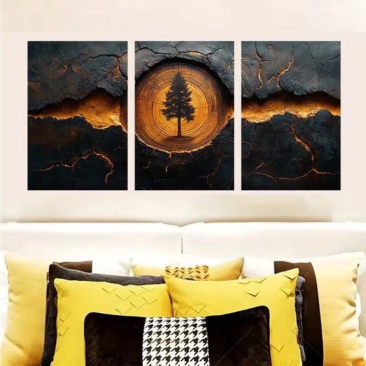 3pcs Abstract Golden Tree Rings Metal Print Ready to Hang Art