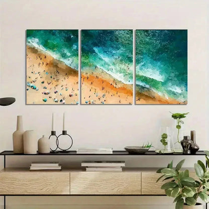 3pcs Crowded Beach with Green Seawater Poster Metal Print Ready to Hang Art