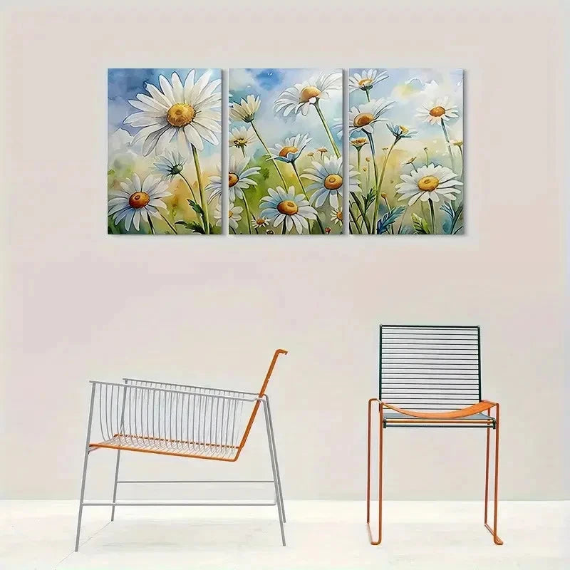 3pcs Daisy White Flower and Green Leaves Metal Print Ready to Hang Art