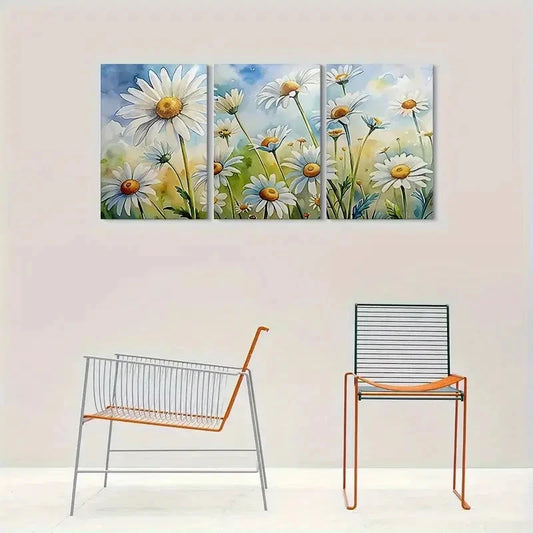 3pcs Daisy White Flower and Green Leaves Metal Print Ready to Hang Art