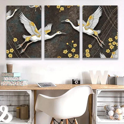 3pcs Elegant Cranes Flight with Golden Accents Wall Art Set Canvas Framed 60x90cm - High Quality Print 100% Australian Made Wall Canvas Ready to Hang