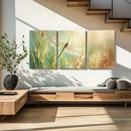 3pcs Dragonfly Delicate Wings Soft Grasses Metal Print Ready to Hang Art