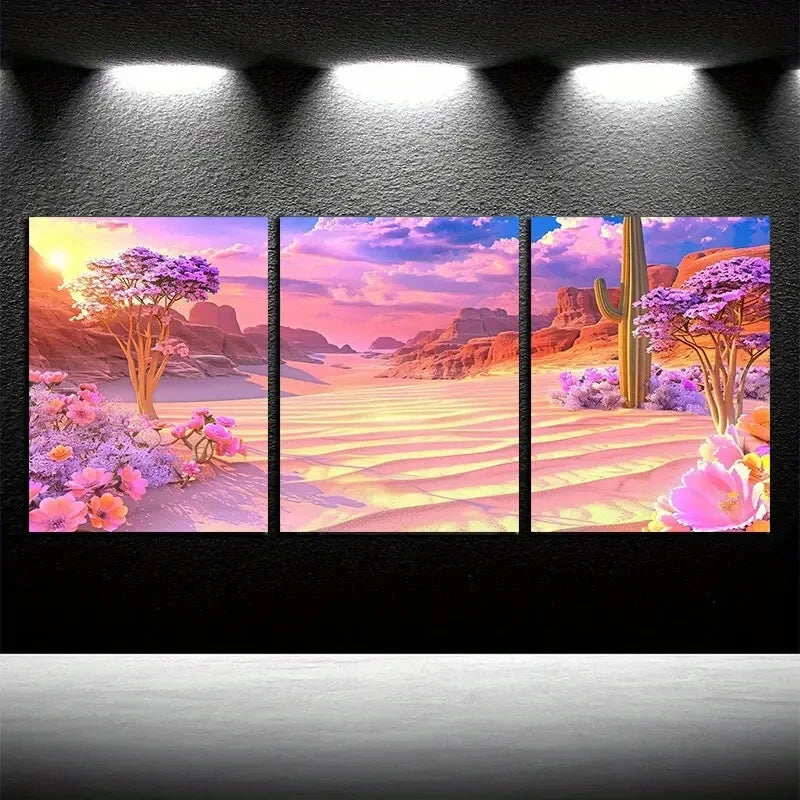 3pcs Vibrant Desert Cactus with Pink Florals Metal Print Ready to Hang Art