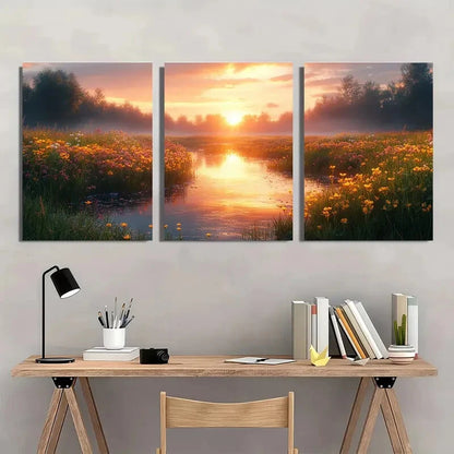 3pcs Soothing Morning Meadow Warm Pastel Sky Metal Print Ready to Hang Art