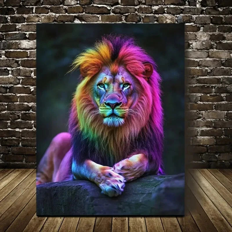 Beautiful Contemporary Colorful Lion Painting 40x60cm Metal Print Ready to Hang