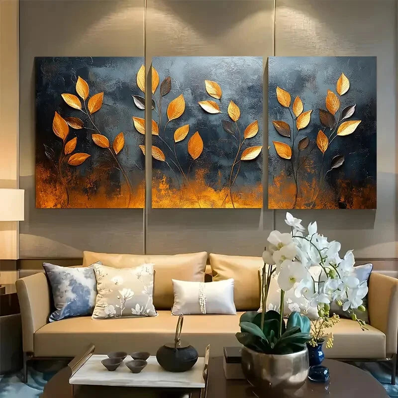 3pcs Black Plant Stalks Abstract Floral Design Metal Print Ready to Hang Art