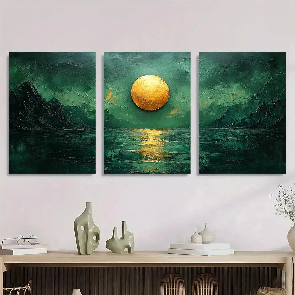 3pcs Green Abstract Mountain & Moon Metal Print Ready to Hang Art