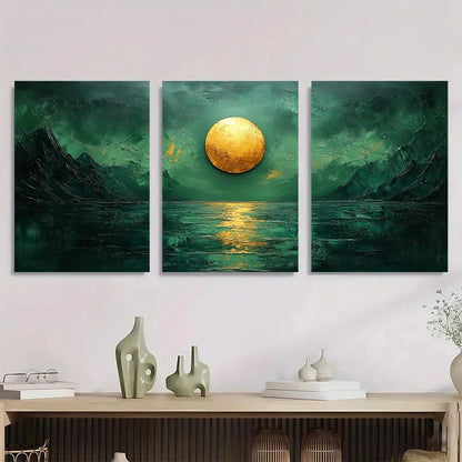 3pcs Green Abstract Mountain & Moon Metal Print Ready to Hang Art