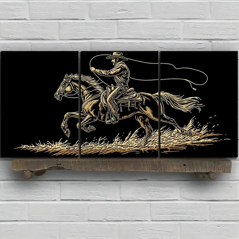 3pcs Stunning Golden Horse Riding Metal Print Ready to Hang Art