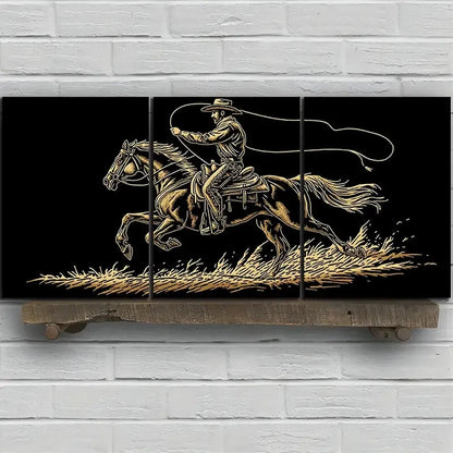 3pcs Stunning Golden Horse Riding Metal Print Ready to Hang Art