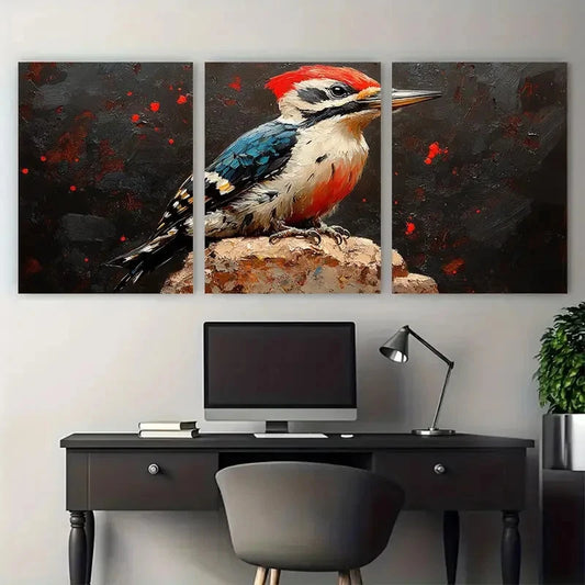 3pcs Woodpecker Bird Illustration Wall Art Set Canvas Framed 40x60cm - High Quality Print 100% Australian Made Wall Canvas Ready to Hang