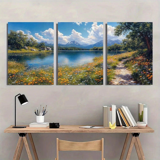 3pcs Lady Bird Lake Mountain & Forest Scenery Metal Print Ready to Hang Art