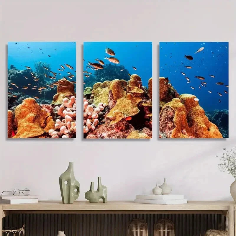 3pcs Vibrant Marine Life &amp; Colorful Coral Reefs, Metal Print Ready to Hang Art
