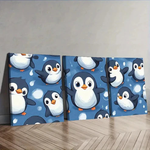 3pcs Cute Penguin Design Wall Art Set Canvas Unframed - High Quality Print 100% Australian Made Wall Canvas