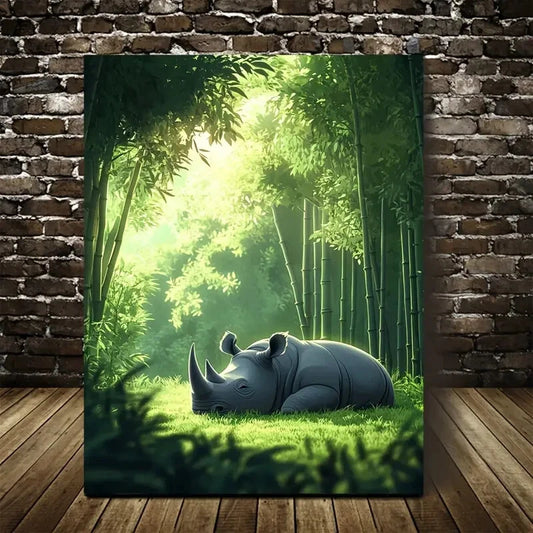 Cartoon Rhino Rolling in Bamboo Painting 40x60cm Metal Print Ready to Hang