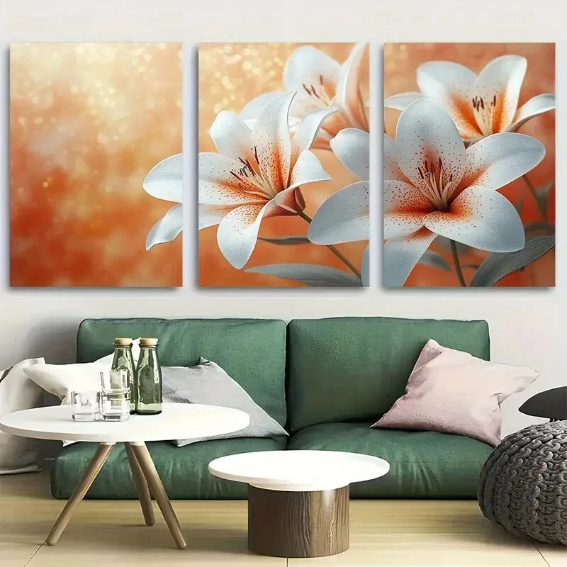 3pcs Vibrant White and Orange Lilies Floral Design Metal Print Ready to Hang Art