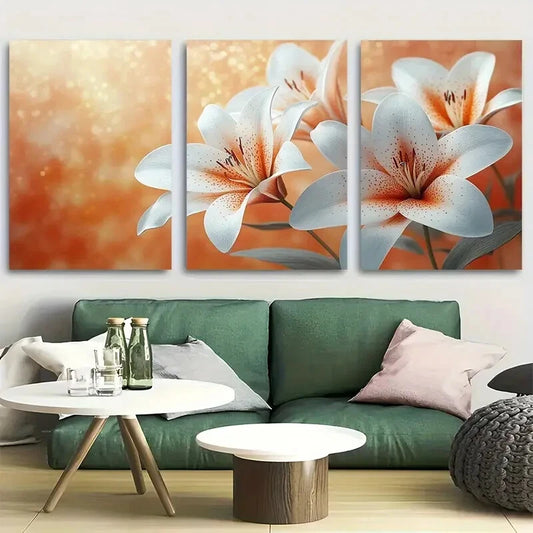3pcs Vibrant White and Orange Lilies Floral Design Metal Print Ready to Hang Art