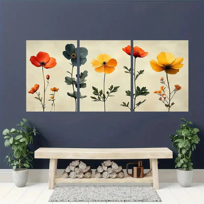 3pcs Vibrant Wildflower Botanical Illustrations Metal Print Ready to Hang Art