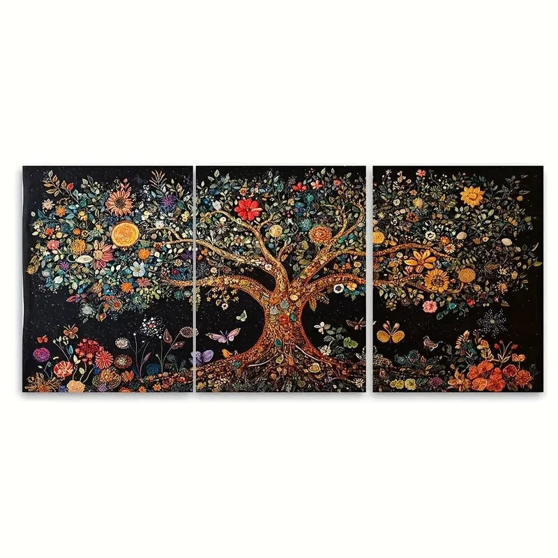 3pcs Vibrant Tree of Life Embroidery Butterfly Metal Print Ready to Hang Art
