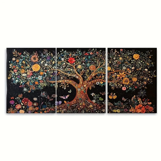 3pcs Vibrant Tree of Life Embroidery Butterfly Metal Print Ready to Hang Art