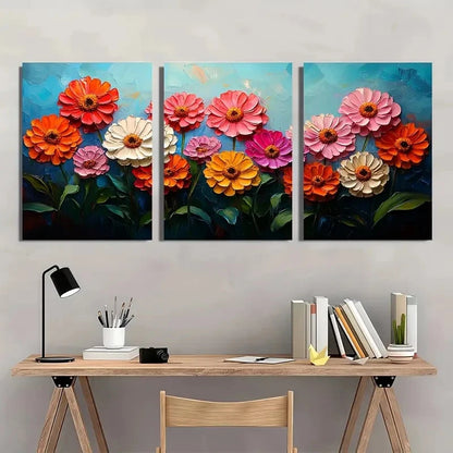 3pcs Reds And Apricot Zinnia Flower Perfect Wall Art Set Canvas Framed 40x60cm - High Quality Print 100% Australian Made Wall Canvas Ready to Hang