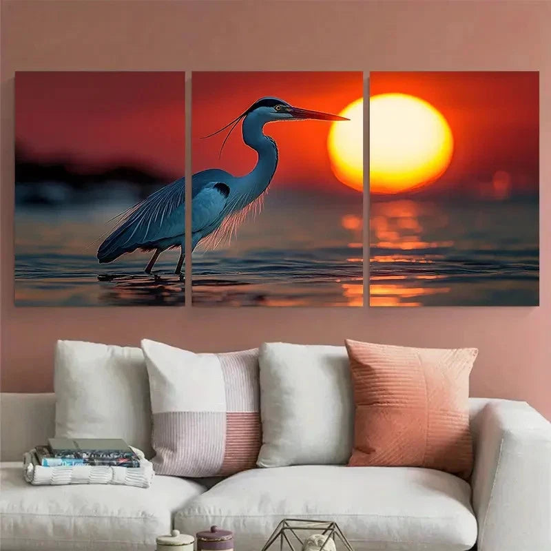 3pcs Heron in Water Sunset Illustration Wall Art Set Canvas Framed 40x60cm - High Quality Print 100% Australian Made Wall Canvas Ready to Hang